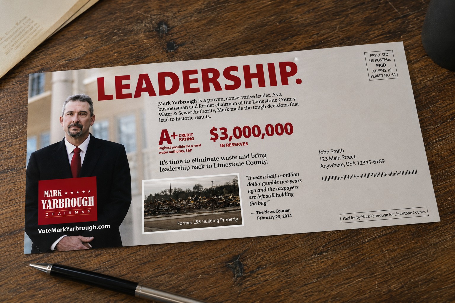 Yarbrough campaign direct mail piece leading with his Water Board record