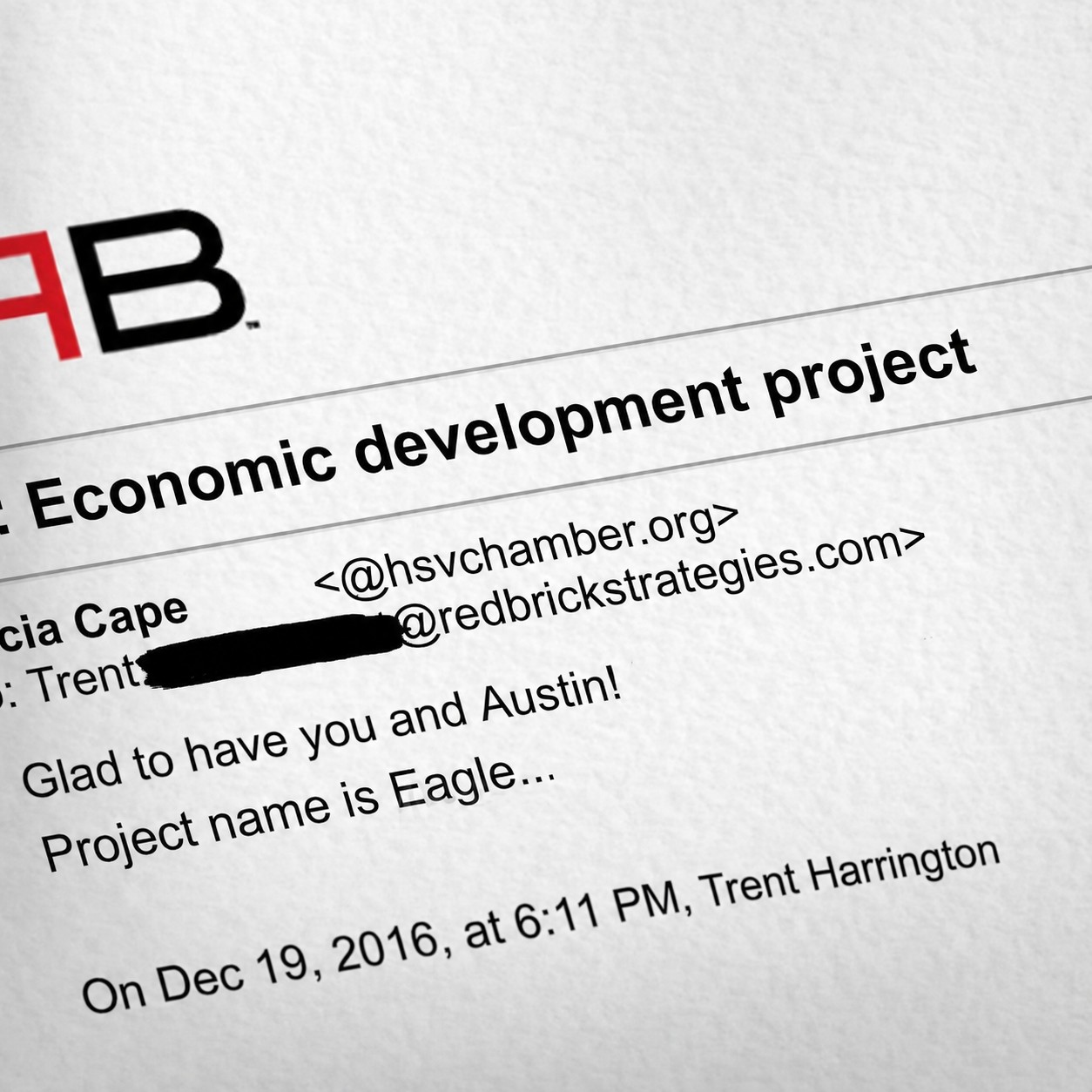 The original email from Lucia Cape naming the project Eagle, December 2016