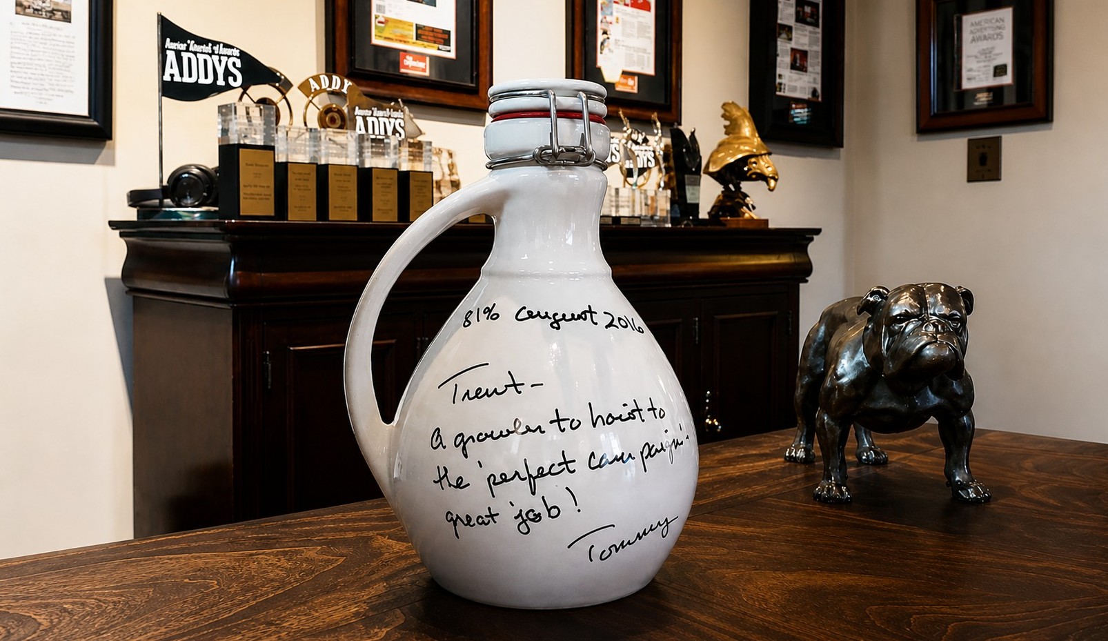Handwritten note and gift growler from Mayor Tommy Battle to Trent Harrington following the 2016 campaign